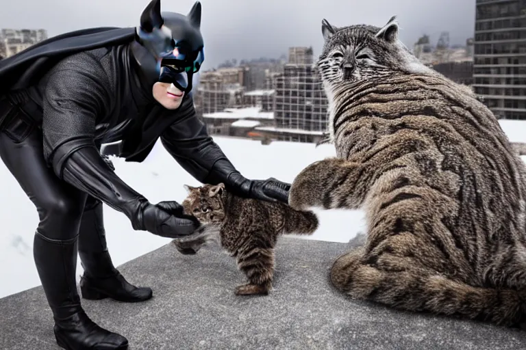 Image similar to Batman petting his Pallas cat on a rooftop, by Emmanuel Lubezki