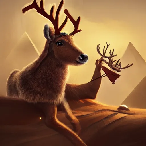 Prompt: A small reindeer king sitting on a throne in Egypt, highly detailed portrait, scifi, digital painting, artstation, concept art, smooth, sharp foccus ilustration, Artstation HQ