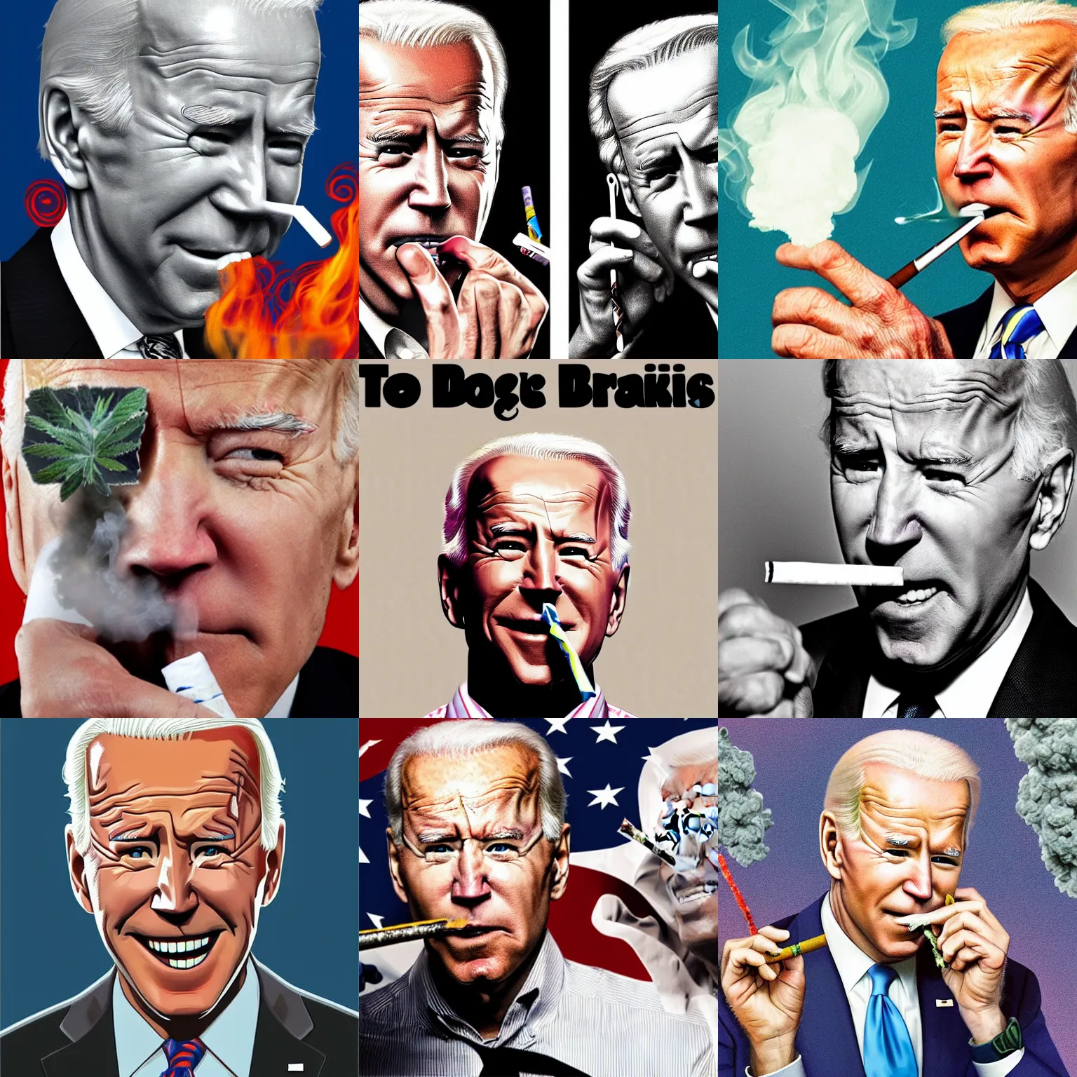 Prompt: A portrait of joe biden smoking a rolled marijuana joint, smoke, stoned, 8k, hyper detailed