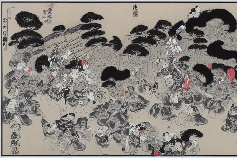 Image similar to black and white japanese painting of a circus, lots of clowns, flat, extremely detailed, water color and ink, painted by hokusai, 4 k,