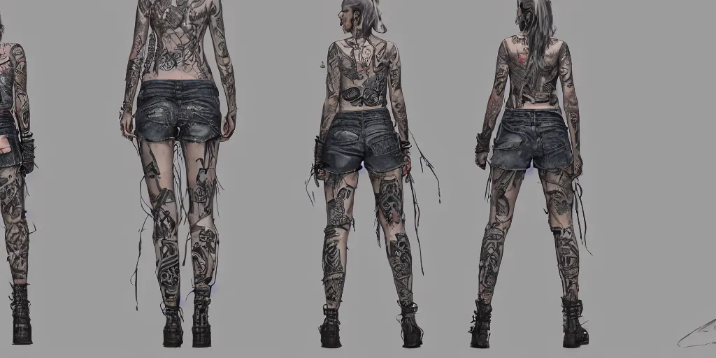 Prompt: tattooed shady girl, wearing scratched and ripped leather shorts and a short jacket full of stamps and stitches, character sheet, fine details, concept design, contrast, kim jung gi, greg rutkowski, trending on artstation, 8 k, full body, turnaround, front view, back view, ultra wide angle