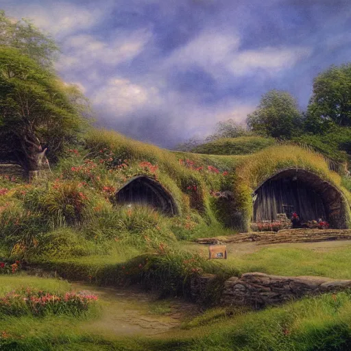 Image similar to beautiful serene hobbiton, by alan lee, lord of the rings, smooth, detailed terrain, oil painting, matte painting concept art, trending on art station