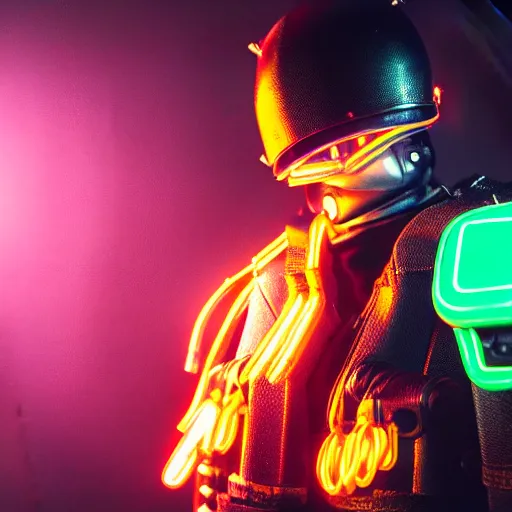 Image similar to photo of a futuristic knight cyberpunk, realistic, neon light, smoke, detailed