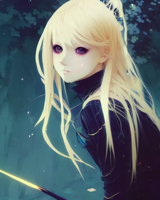 Image similar to blonde haired gothic magical girl anime character screenshot, anime, intricate, sharp focus, illustration, highly detailed, digital painting, clean artstyle, concept art, matte, art by ilya kuvshinov and ruan jia and greg rutkowski, masterpiece