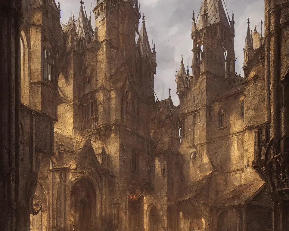 Prompt: a painting of a cinematic keyframe of a medieval hospice building in a gothic medieval town, by greg rutkowski, rule of thirds, golden ratio, ambient lighting, wlop, artgerm, artstation, highly detailed masterpiece, dark fantasy art, high detail, trending on artstation