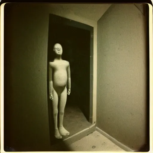 Prompt: a humanoid creature at the bottom of a stairwell, dark!, creepy, nightmare fuel!!!, unsettling, uncanny valley!, old polaroid, expired film,