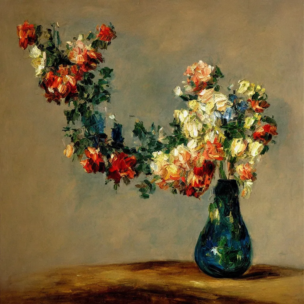 Image similar to beautiful large empty vase in a dark room with light catching on it’s shiny polished surface, no flowers,painted in the style of the old masters, painterly, thick heavy impasto, expressive impressionist style, painted with a palette knife