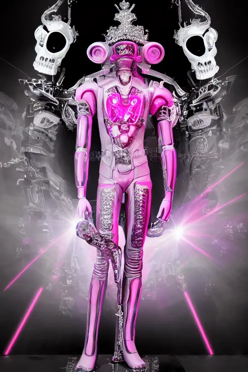 Prompt: full-body rococo and cyberpunk style neon statue of a muscular attractive Harry Styles macho dotado e rico android sim roupa reclining con las piernas abertas e la piroca dura, glowing white laser eyes, prince crown of pink gears, diamonds, swirling silver-colored silk fabric. futuristic elements. full-length view. space robots. human skulls. intricate artwork by caravaggio. Trending on artstation, octane render, cinematic lighting from the right, hyper realism, octane render, 8k, depth of field, 3D