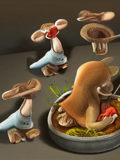 Image similar to 3 blindfolded mice eating chicken legs from a barrel, high detail, character, 3D, dark dull colors, photo realistic,