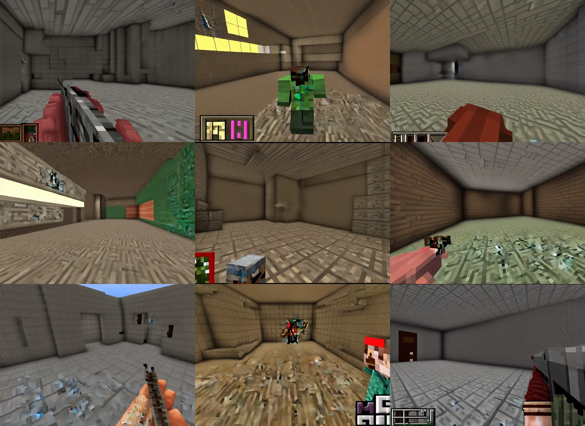 Prompt: ( ( minecraft steve ) ) in a screenshot of the video game doom!!!!!!!!!!!!!!, doom shotgun pov, steve is standing in hellish doom hallway