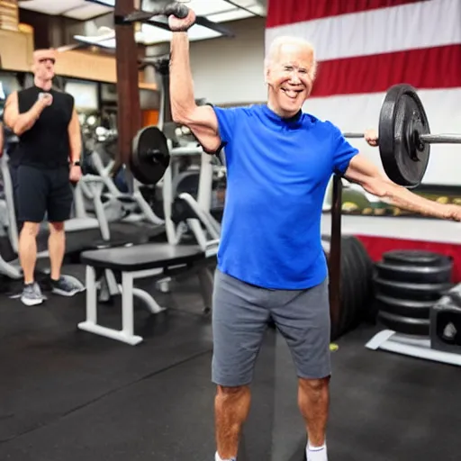 Prompt: joe biden doing weights, in the gym