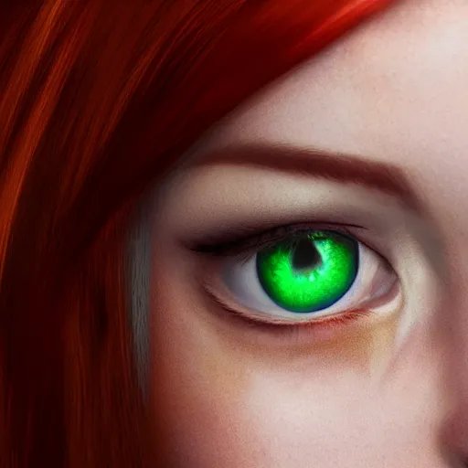 Prompt: portrait of a redhead woman with green eyes, hyper realistic, volumetric lighting