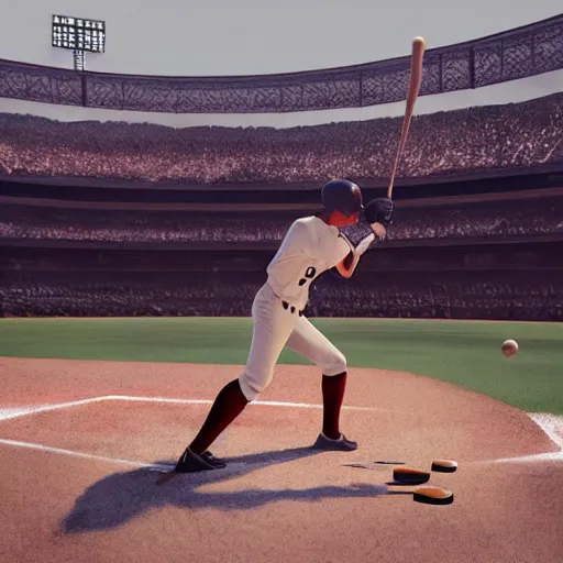 Image similar to baseball player hitting the ball with the baseball bat in the middle of the game and in front of everyone in the stadium, james gurney painting style, greg rutkowski, artstation, octane render, unreal engine 5