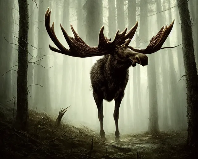 Image similar to 5 5 mm portrait photo of an armored demonic undead rotting moose with antlers, in a magical forest looking at the camera. dark atmosphere. art by greg rutkowski and luis royo. highly detailed 8 k. intricate. lifelike. soft light. nikon d 8 5 0.