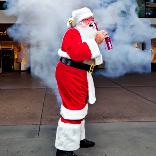 Prompt: a mall santa exhaling a large smoke cloud from his bong, award winning professional candid photography