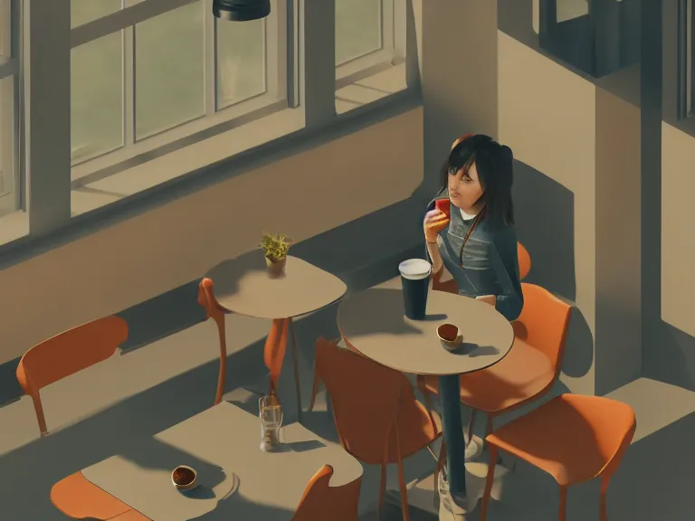 Prompt: a lonely girl drinking coffee in an empty cafe, high angle, right side composition, rule of thirds, digital painting, warm color scheme, dynamic lighting, octane, by sharandula and alice zhang, trending on artstation