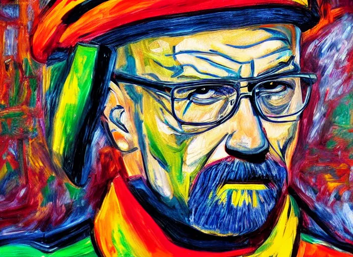 Image similar to expressionist painting of walter white on a motorbike, dynamic perspective, expressionist, colorful, clean, close up