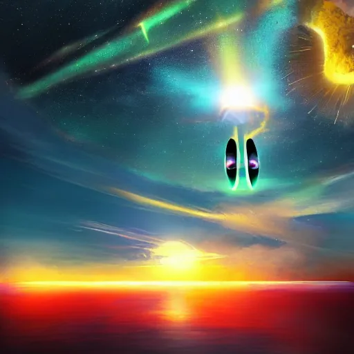Prompt: a giant glowing spaceship floating in the ocean, an old soul standing on the beach overlooking, colorful sky with many stars, hyper realistic, epic lighting, rending on artstation