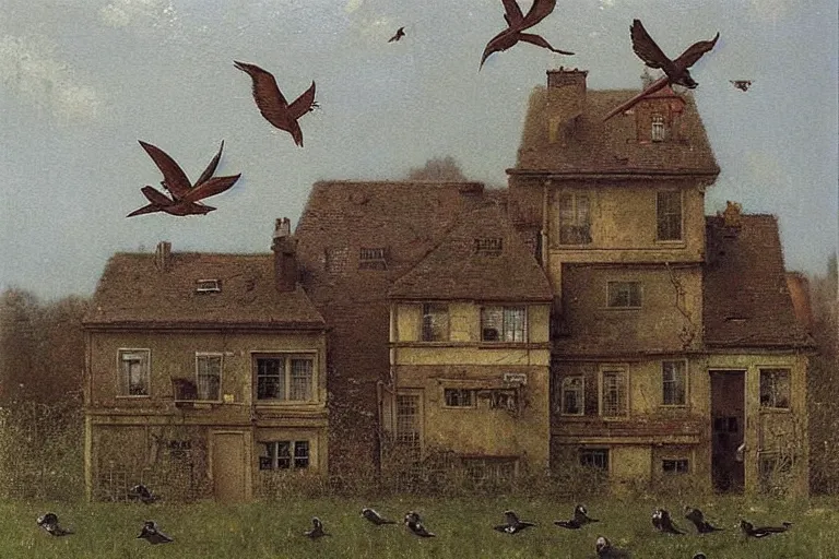 Prompt: a house with birds flying on too of it, insanely detailed, Michael Sowa