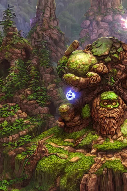 Image similar to zelda fantasy art giant golem troll wood rock greeble gemstone, global illumination ray tracing hdr fanart arstation by sung choi and eric pfeiffer and gabriel garza and casper konefal