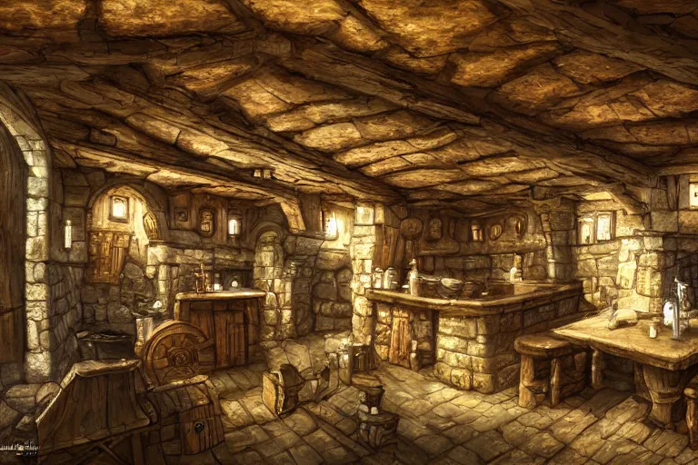 Image similar to A tiny medieval tavern viewed from the inside, texture, intricate, details, highly detailed, masterpiece, architecture, building, trending on artstation, focus, sharp focus, concept art, digital painting, fantasy, sunny, day, midday