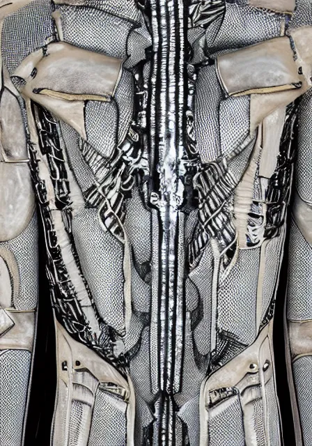 Image similar to designer jacket inspired by h. r. giger designed by alexander mcqueen