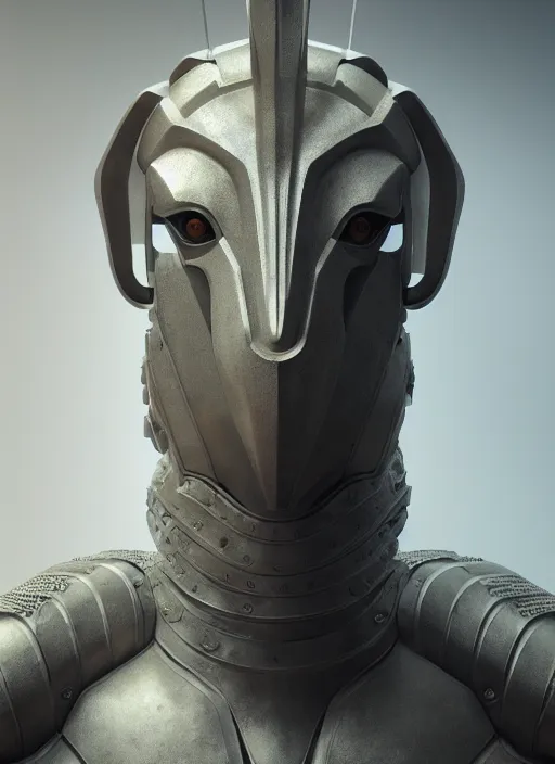 Image similar to hyperrealistic mixed media portrait of an armored humanoid ram creature, stunning 3d render inspired art by Michael Parkes + perfect facial symmetry + dim volumetric lighting, 8k octane beautifully detailed render, post-processing, extremely hyperdetailed, intricate, epic composition, grim yet sparkling atmosphere, cinematic lighting + masterpiece, trending on artstation