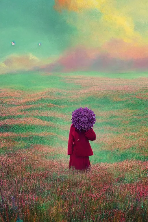 Prompt: portrait, giant flower under head, a girl wearing a coat in heather field, surreal photography, wind and cold, dramatic sky, impressionist painting, digital painting, artstation, simon stalenhag