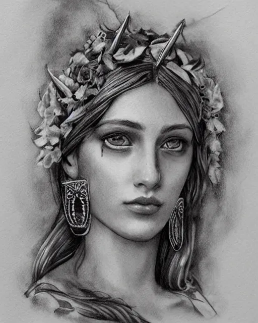 Image similar to realism tattoo sketch of a beautiful greek goddess aphrodite wearing a laurel wreath and arrowhead earrings, in the style of greg rutkowski, amazing detail