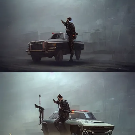 Image similar to a highly detailed epic cinematic concept art CG render digital painting artwork costume design: dieselpunk Soviet 1980s police patrol car. By Greg Rutkowski, Ilya Kuvshinov, WLOP, Stanley Artgerm Lau, Ruan Jia and Fenghua Zhong, trending on ArtStation, subtle muted cinematic colors, made in Maya, Blender and Photoshop, octane render, excellent composition, cinematic atmosphere, dynamic dramatic cinematic lighting, precise correct anatomy, aesthetic, very inspirational, arthouse