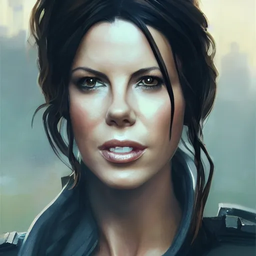 Image similar to closeup portrait of a kate beckinsale, seductive smile, soldier, army chiaroscuro, city background, golden hour, dramatic lighting, complementary contrast, high detail, painted by greg rutkowski, painted by igor kieryluk, trending on artstation