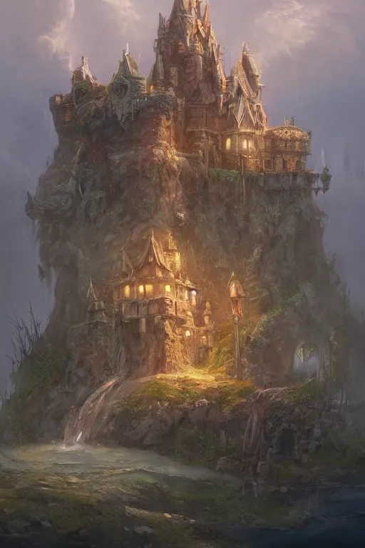 Image similar to a castle on a floating Island, fantasy, mystical, concept art, artstation