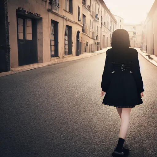 Image similar to 1 7 - year - old pale - skinned anime girl with black long bob cut, long bangs, black gothic jacket, black jeans, running through italian city, yellow sunshine, sepia sun, ultra - realistic, sharp details, subsurface scattering, intricate details, hd anime, 2 0 1 9 anime