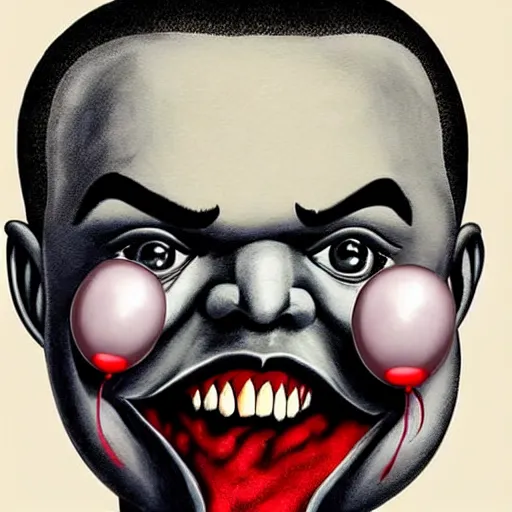 Image similar to grunge painting of kanye with a wide smile and a red balloon by chris leib, loony toons style, pennywise style, corpse bride style, horror theme, detailed, elegant, intricate