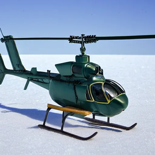 Prompt: Helicopter made of ice melting in a hot sunny savannah