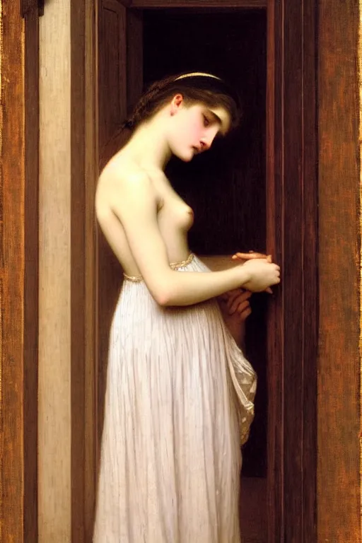 Image similar to girl under moonlight by auguste toulmouche and bouguereau, dark lighting, perfectly detailed eyes, beautiful hands, pale skin, blonde hair, leaning on door, dreamy mood to the painting