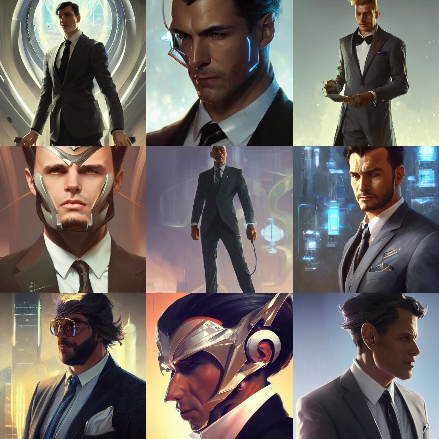 Prompt: man wearing a futuristic business suit, portrait, highly detailed, digital painting, artstation, concept art, sharp focus, illustration, art by artgerm and greg rutkowski and alphonse mucha