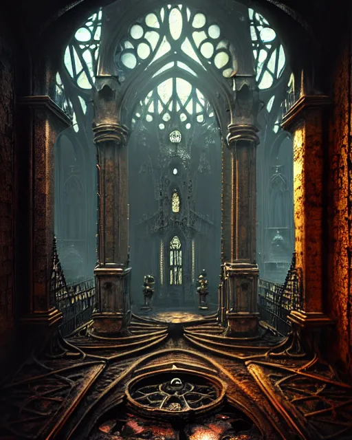 Image similar to steam necropolis, memento mori, gothic, neo - gothic, art nouveau, hyperdetailed copper patina medieval icon, stefan morrell, philippe druillet, ralph mcquarrie, concept art, steampunk, unreal engine, detailed intricate environment, octane render, moody atmospherics, volumetric lighting, ultrasharp, ominous, otherworldly