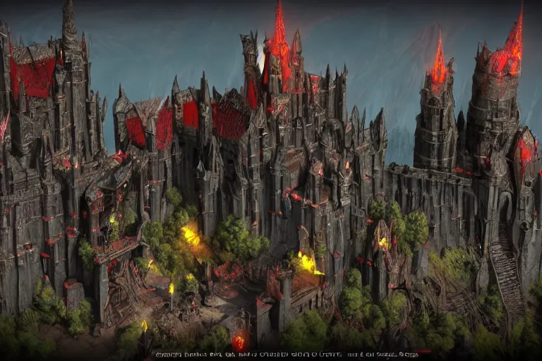 Image similar to big evil castle - city rock dark shadow elves, might and magic heroes vii, dark fantasy, shadows, artstation trending, unreal engine 5, red