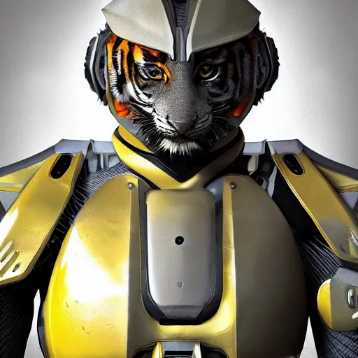 Image similar to humanoid with tiger-like features in futuristic space armor with force fields, yellow eyes, teeth that protrude past the lower lip and fine grayish fur on their faces and backs of their hands and carrying weapons, octane,