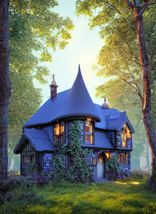 Prompt: hyper realistic homely ornate witch cottage architectural, in the woods gorgeous lighting, blue sky, highly detailed, lush forest architectural render, octane render, ue 5 raytraced