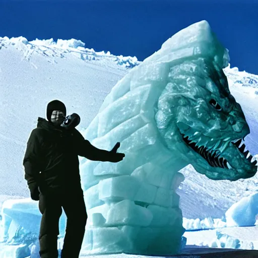 Prompt: Godzilla carving a giant ice sculpture using his atomic breath in Antarctica