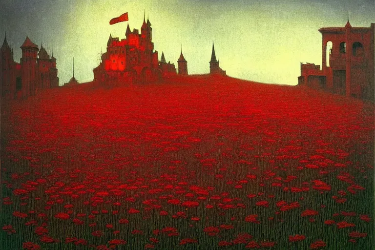 Image similar to only with red, red flowers of different types, a red tiger, a castle in the background, medieval demons dance over the flowers, an ancient path, in the style of beksinski, part by hopper, part by rodcenko, part by hofbauer, intricate composition, red by caravaggio, insanely quality, highly detailed, masterpiece, red light, artstation