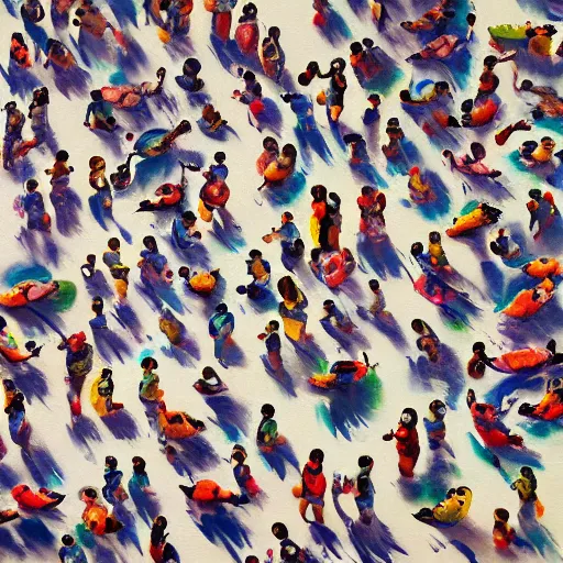 Prompt: a birdseye painting by Sally West of people on a beach from above, featured on tumblr, action painting, oil on canvas, painterly