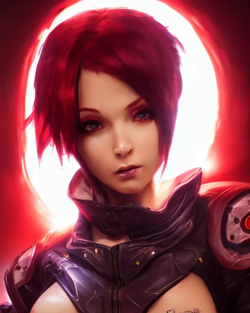 Image similar to a girl with short red hair, cool, vi from arcane, league of legends, fighter, cool red jacket, tattoo, beautiful, 3 d, potrait, art staion, studio light, closeup shot, octane render, wlop, realistic, neon