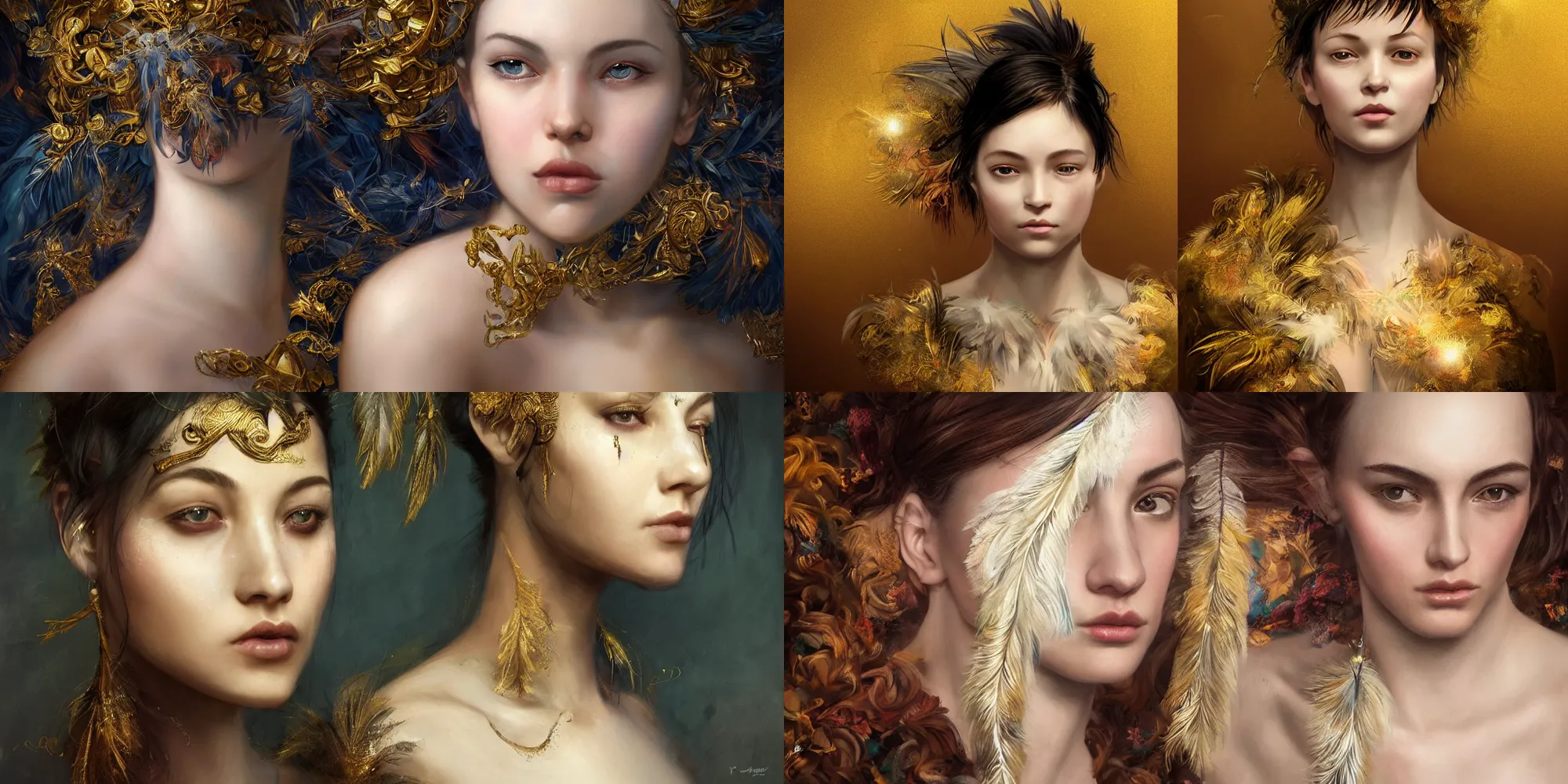 Prompt: realistic character concept of girl with lots of feather art in the face, elegant pose, scifi, illustration, slender symmetrical face and body, artstation, cinematic lighting, hyperdetailed, cgsociety, 8 k, high resolution, kehinde wiley, tom bagshaw, insanely detailed and intricate, beautiful, elegant, golden ratio, dark fractal background, vfx, postprocessing