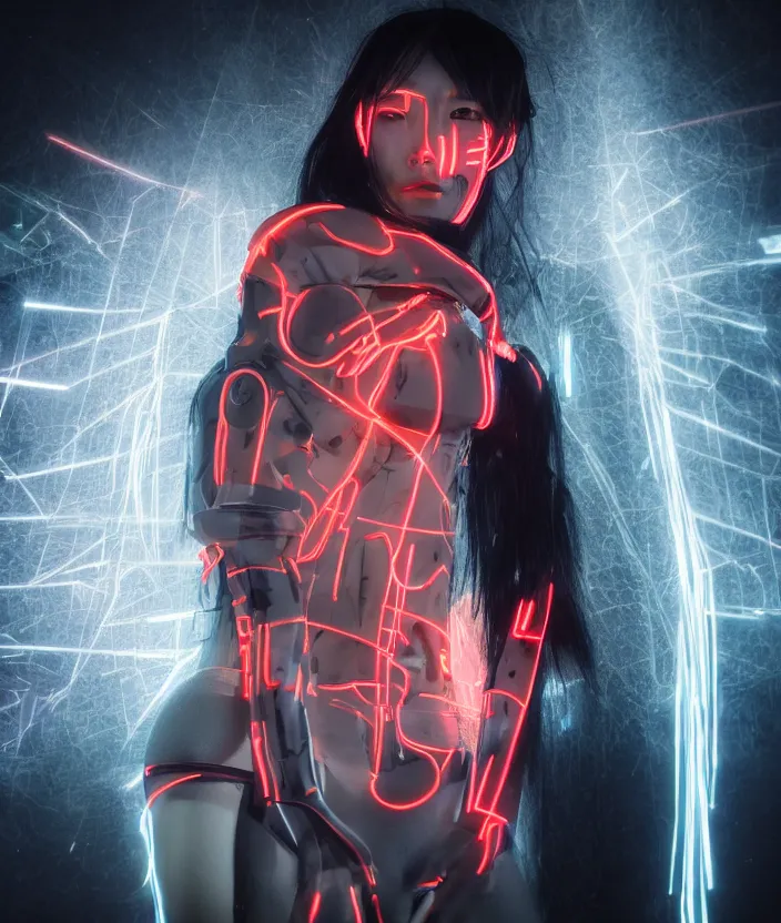 Image similar to full body portrait photo of japanese model cyborg with digital led skin, neon lighting, techno neon projector background, portrait photo, intricate details, ultra realistic, unreal engine 5, depth of field, bokeh, octane render, 8 k hd