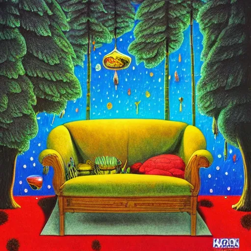 Image similar to psychedelic couch sofa in the pine forest, guitar, milky way, designed by moebius, rob gonsalves, gustav dore, giuseppe arcimboldo and carl barks, louis wain, trending on artstation, canada, star, sharp focus, colorful refracted sparkles and lines, soft light, 8 k 4 k