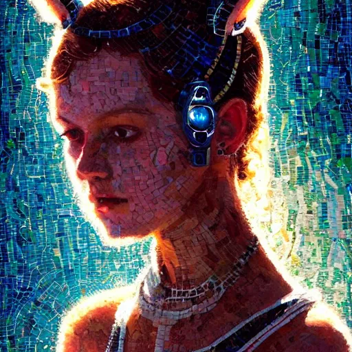 Prompt: mosaic portrait of a beautiful young girl with robot ears falling into the sun by greg rutkowski, 4k, intricate details, dichotomy