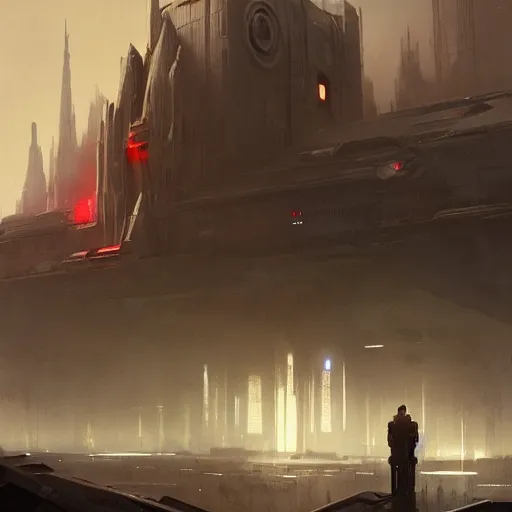 Image similar to star wars concept art by greg rutkowski, a palatial metropolis, elegant, neo - gothic architecture, dark, reddish cinematic lighting, haunting atmosphere, artstation hq.